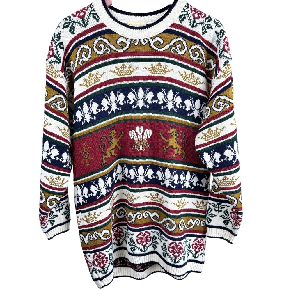 Vintage 90s Natural Prince Wales Sweater Mens Made England Heraldic Grandpacore